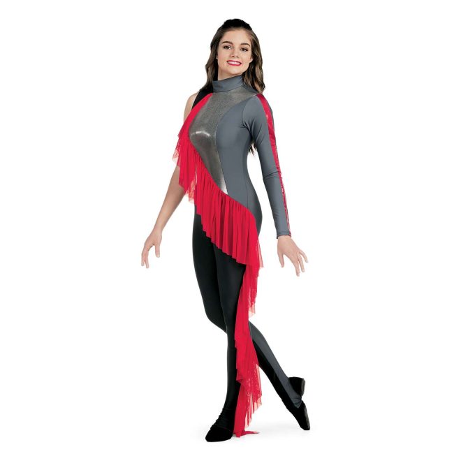 Custom legging color guard unitard. Right sleeveless, Left long sleeve grey with red stripe grey does down to hip and grey neck. Silver middle chest with red frill from left shoulder to right hip down leg. Right side of frill is black. Pants are black with grey stripe. 3/4 view on model