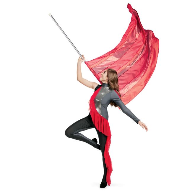 Custom legging color guard unitard. Right sleeveless, Left long sleeve grey with red stripe grey does down to hip and grey neck. Silver middle chest with red frill from left shoulder to right hip down leg. Right side of frill is black. Pants are black with grey stripe. 3/4 view on model holding red flag