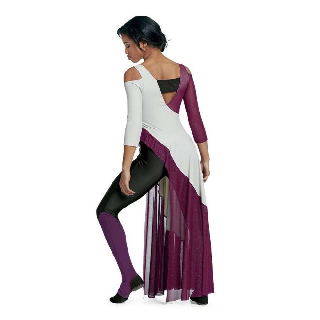 custom grey black and maroon back and shoulder cutouts asymmetric color guard uniform with black leggings and maroon shoe cover back view on model