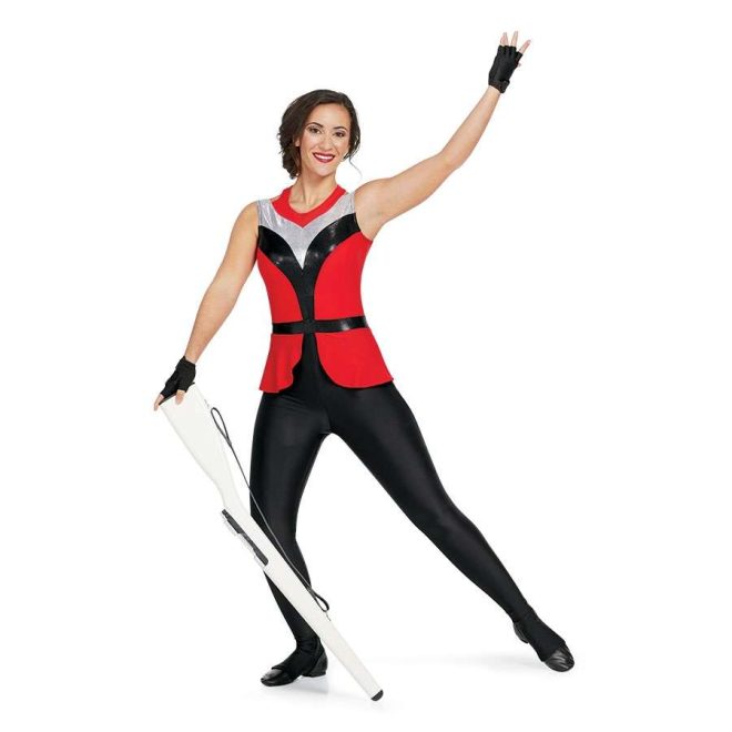 custom red, silver and black sleeveless color guard uniform paired with black leggings front view on model holding rifle