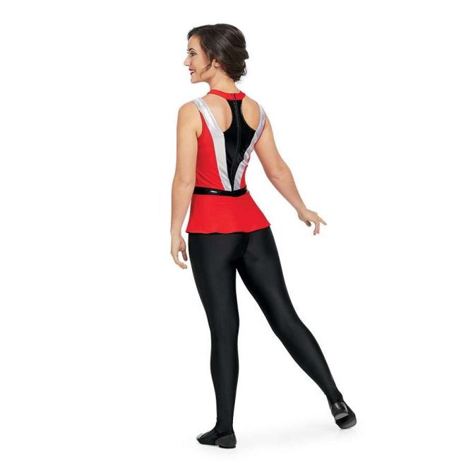custom red, silver and black sleeveless color guard uniform with shoulder cutouts paired with black leggings back view on model