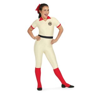 custom baseball uniform cream with red trim and socks and black belt short sleeve and pant color guard unitard front view on model with red bow