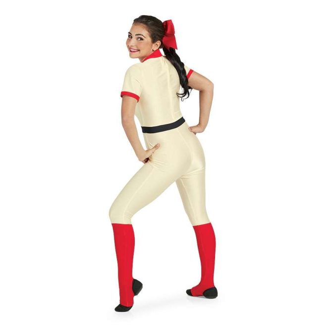 custom baseball uniform cream with red trim and socks and black belt short sleeve and pant color guard unitard back view on model with red bow