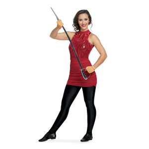 Custom sleeveless legging color guard unitard. Red sequin body. Red sparkly skirt with black leggings under. Front view on model holding sabre