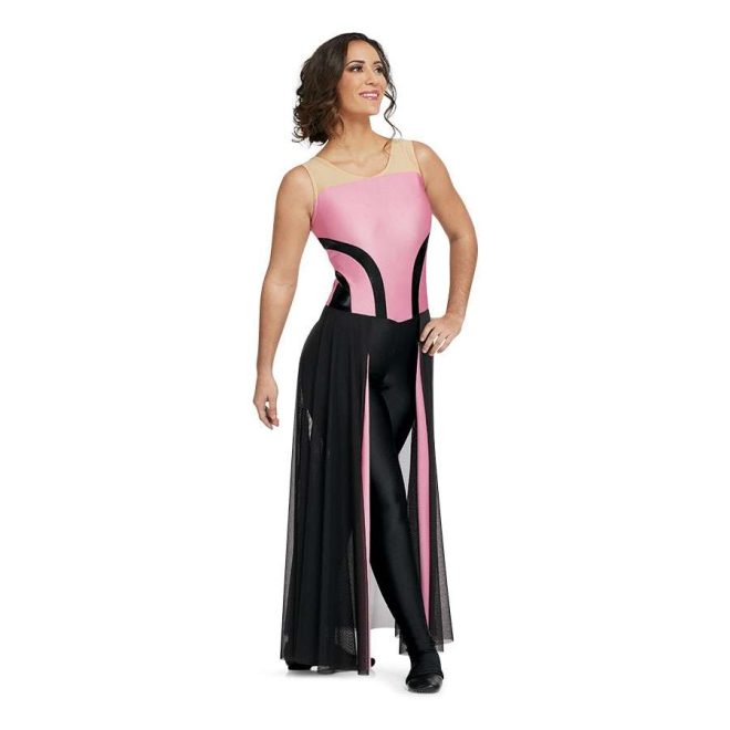 Custom sleeveless color guard legging unitard. Tan straps with light pink body with black curved stripes into black leggings and black mesh back with pink strip half skirt floor length. Front view on model