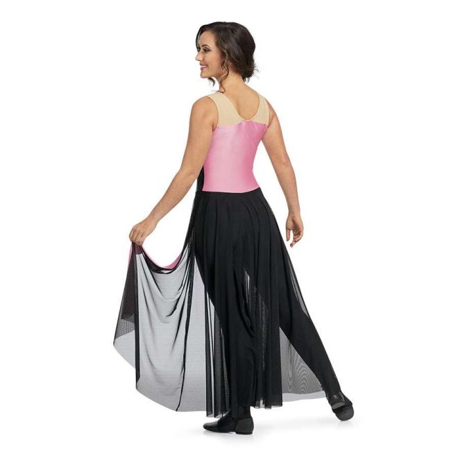 Custom sleeveless color guard legging unitard. Tan straps with light pink back into black leggings and black mesh back half floor length skirt. Back view on model