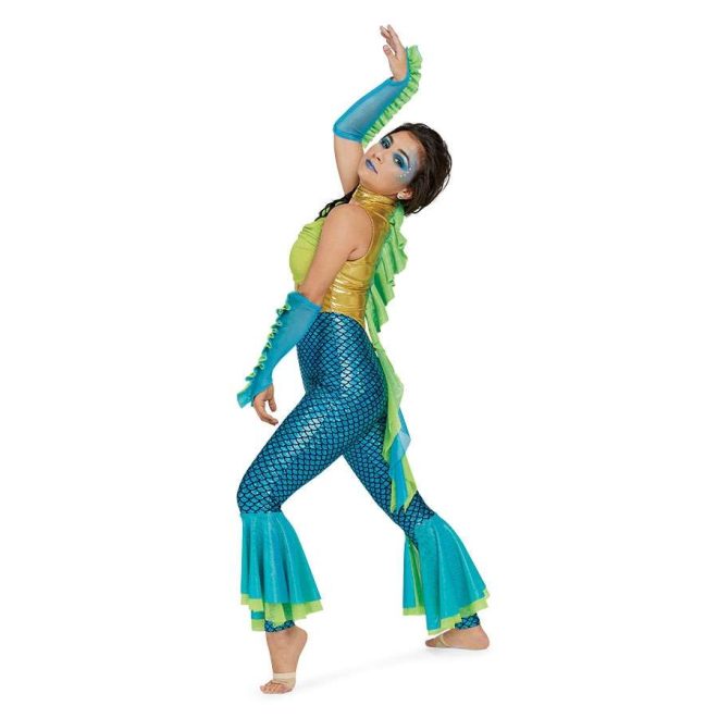 custom sleeveless legging color guard unitard. Gold back and collar with green ruffle that looks like a fin in center of back. Green chest and teal and black leggings that look like scales. Pants have blue and green skirted knees. Side view on model with blue and green ruffle arm mitts