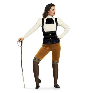 Custom long sleeve legging color guard unitard. White long sleeve with short puff sleeve and white neck. White chest with black frills and black sparkly body vest into copper pants down to black/gold sequin knee with the rest of the leg black. Front view on model holding sabre