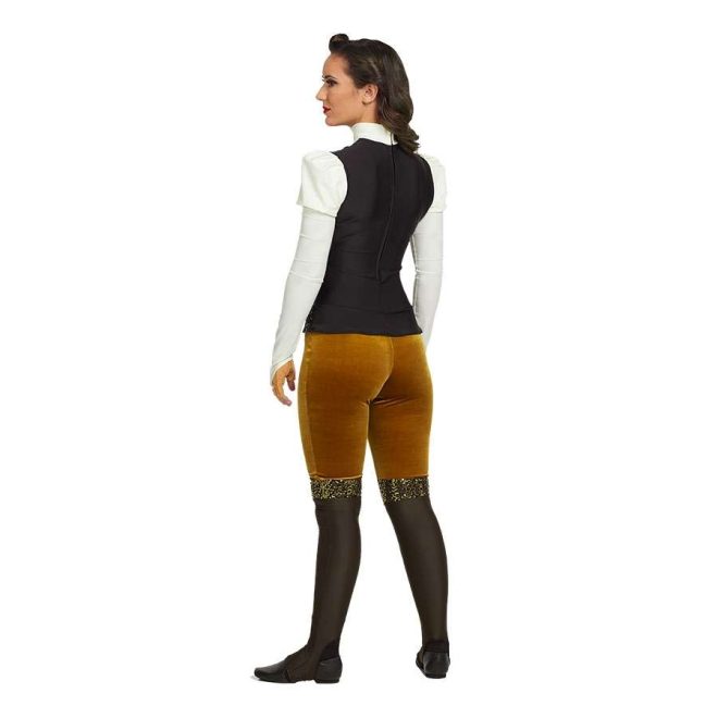 Custom long sleeve legging color guard unitard. White long sleeve with short puff sleeve and white neck. Black body into copper pants down to black/gold sequin knee with the rest of the leg black. Back view on model