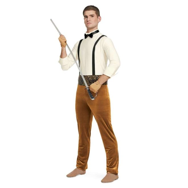 Custom 3/4 sleeve color guard unitard. White shirt with black bow tie and overalls. Copper pants separated by gold/black sequin belt. Front view on model holding sabre with tan fingerless gloves.