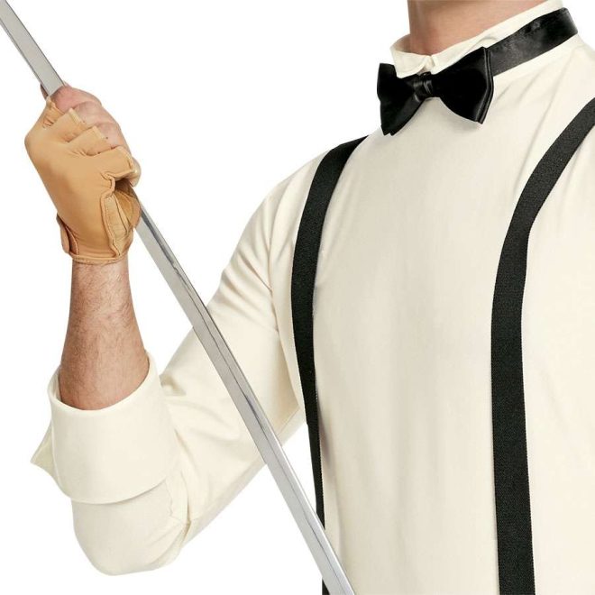 Close up of custom 3/4 sleeve color guard unitard. White shirt with black bow tie and overalls. Front view on model holding sabre with tan fingerless gloves.