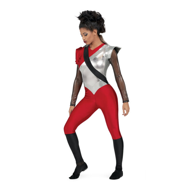 Custom long sleeve color guard unitard. Black/gold long sleeve left sleeve silver cape shoulder and collar, right sleeve red puff short sleeve. Body is silver from left shoulder to under right arm where it is red, black stripe over from right shoulder to left hip. Silver goes down to V where pants are red until knee then black. Front view on model