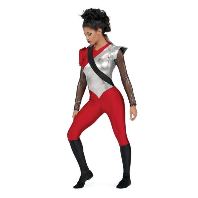 Custom long sleeve color guard unitard. Black/gold long sleeve left sleeve silver cape shoulder and collar, right sleeve red puff short sleeve. Body is silver from left shoulder to under right arm where it is red, black stripe over from right shoulder to left hip. Silver goes down to V where pants are red until knee then black. Front view on model