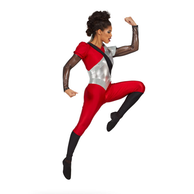Custom long sleeve color guard unitard. Black/gold long sleeve left sleeve silver cape shoulder and collar, right sleeve red puff short sleeve. Body is silver from left shoulder to under right arm where it is red, black stripe over from right shoulder to left hip. Silver goes down to V where pants are red until knee then black. Front view on model