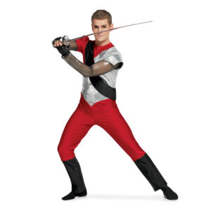 Custom long sleeve color guard unitard. Black/silver long sleeve left sleeve silver wing shoulder right sleeve red puff short sleeve. Body is silver from left shoulder to under right arm where it is red, black stripe over from right shoulder to left hip. Silver goes down to V where pants are red until knee then black. Front view on model holding sabre.