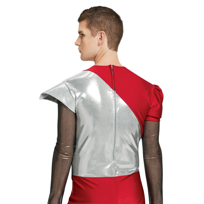Custom long sleeve color guard unitard. Black/silver long sleeve left sleeve silver wing shoulder right sleeve red puff short sleeve. Body is silver from left shoulder to under right arm where it is red, black stripe over from right shoulder to left hip. Silver goes down to V where pants are red until knee then black. Front view detail.