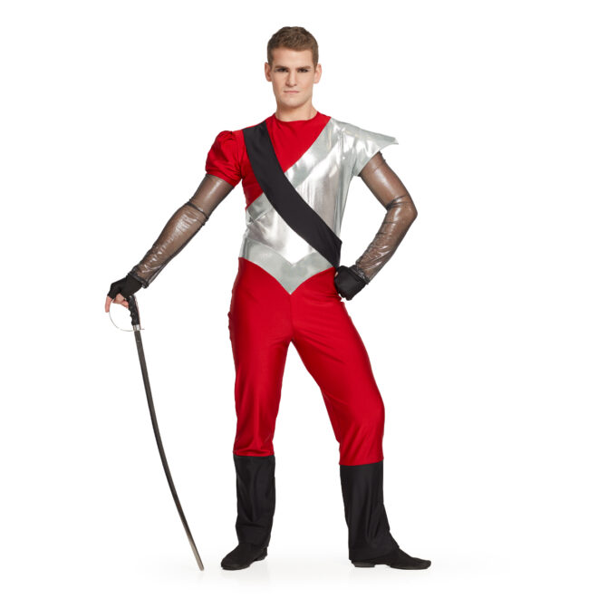 Custom long sleeve color guard unitard. Black/silver long sleeve left sleeve silver wing shoulder right sleeve red puff short sleeve. Body is silver from left shoulder to under right arm where it is red, black stripe over from right shoulder to left hip. Silver goes down to V where pants are red until knee then black. Front view on model holding sabre.