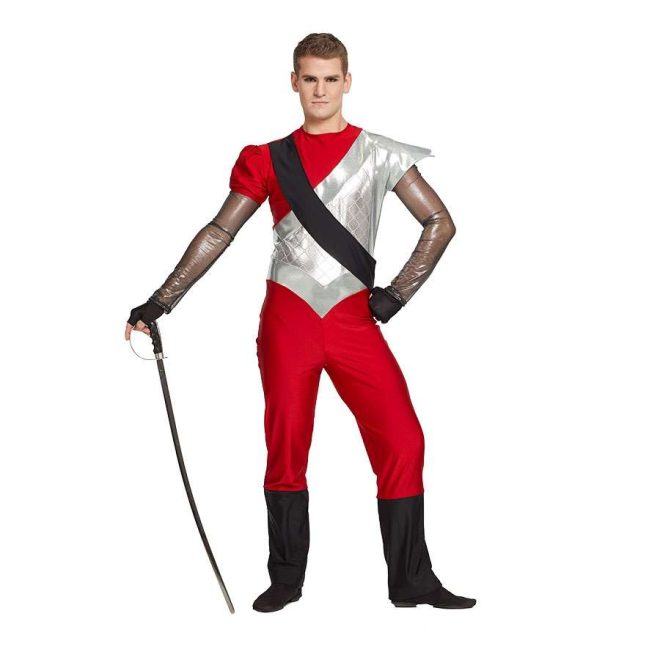Custom long sleeve color guard unitard. Black/gold long sleeve left sleeve silver cape shoulder right sleeve red puff short sleeve. Body is silver from left shoulder to under right arm where it is red, black stripe over from right shoulder to left hip. Silver goes down to V where pants are red until knee then black. Front view on model holding sabre