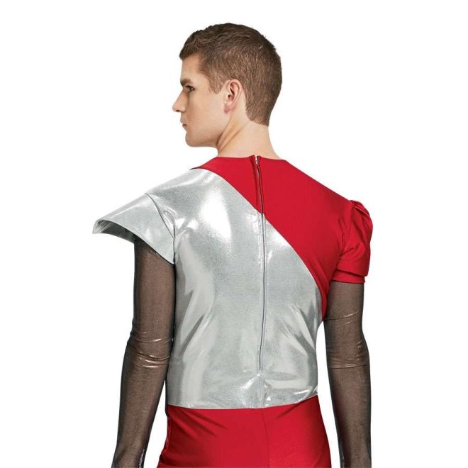 Custom long sleeve color guard unitard. Black/gold long sleeve left sleeve silver cape shoulder right sleeve red puff short sleeve. Body is silver from left shoulder to under right arm where it is red. Pants are red. Back view on model.