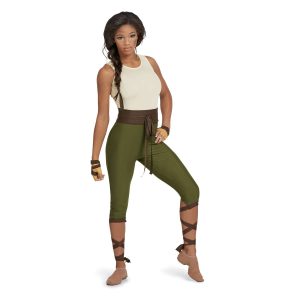 Custom sleeveless capri legging color guard unitard. Top is cream with brown belt into olive capris. Lower leg and hands wrapped with brown fabric. Front view of model