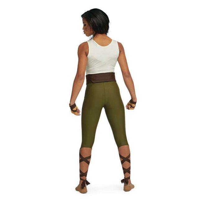 Custom sleeveless capri legging color guard unitard. Top is cream with brown belt into olive capris. Lower leg and hands wrapped with brown fabric. Back view of model