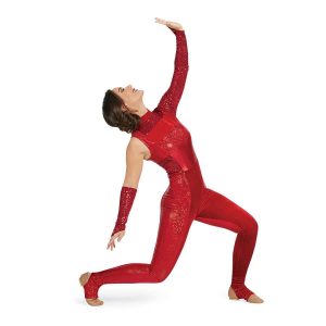 custom red one sleeveless one long sleeve color guard unitard with red arm cuff front view on model