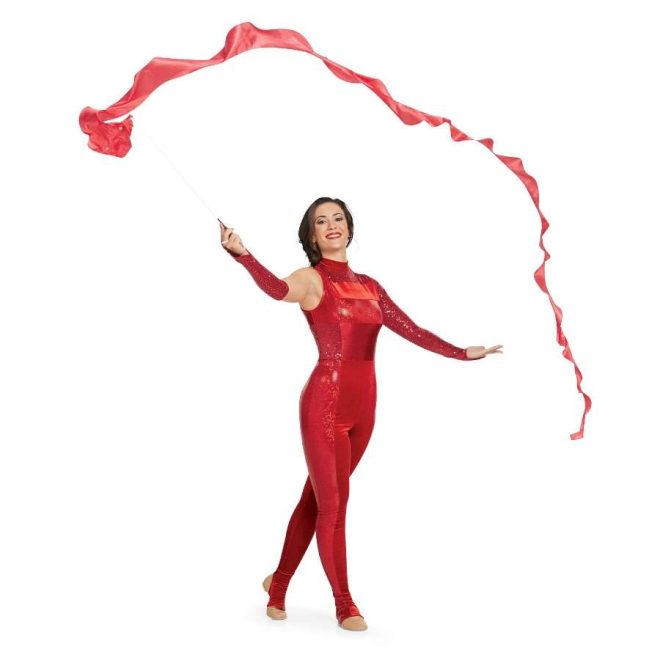 custom red one sleeveless one long sleeve color guard unitard with red arm cuff front view on model waving red wave ribbon