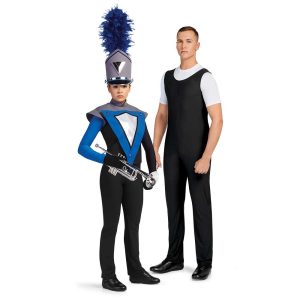 Black performance stretch marching band bibbers shown plain and under uniform front view on performer