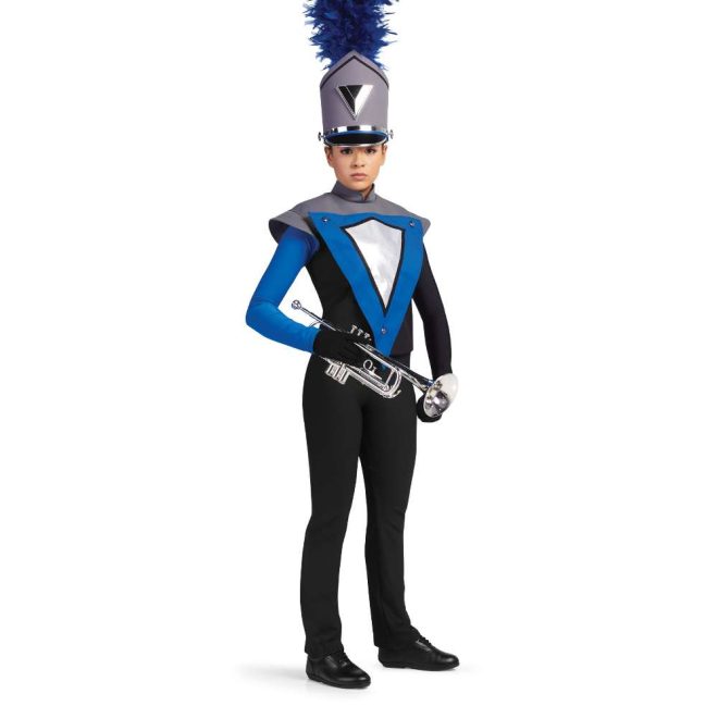 front view of black performance stretch marching band bibbers under royal and grey uniform on performer holding instrument. Royal long sleeve under bibbers