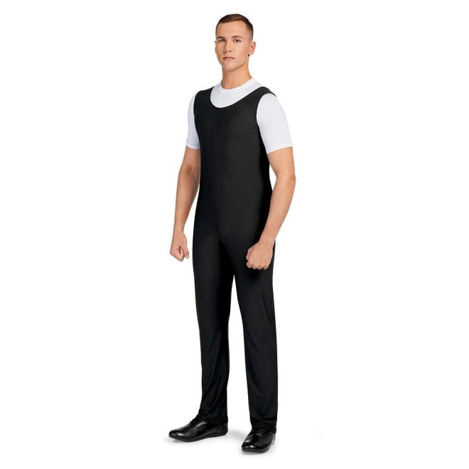 front view black performance stretch marching band bibbers shown over white shirt