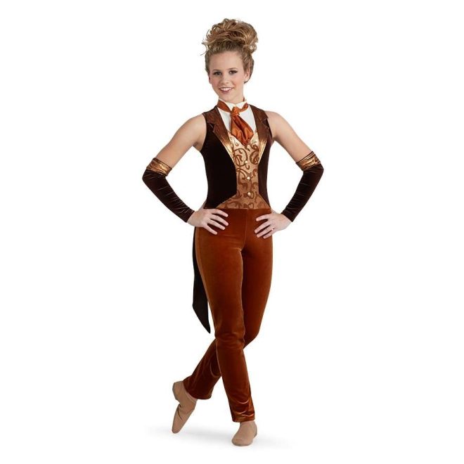 Custom sleeveless pant color guard unitard. Dark gold neck with white undershirt and copper necktie. Pattern gold lapels and vest and dark brown body. Light brown pants. Front view on model with dark brown with dark gold trim gauntlets