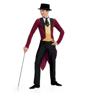 Custom long sleeve pant color guard unitard. Maroon coat and tails with white undershirt, black necktie, and gold sequin vest. Black pants. Front view on model with top hat and baton