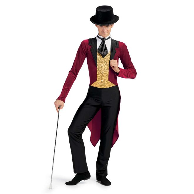 Custom long sleeve pant color guard unitard. Maroon coat and tails with white undershirt, black necktie, and gold sequin vest. Black pants. Front view on model with top hat and baton