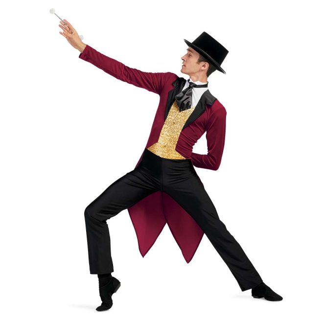 Custom long sleeve pant color guard unitard. Maroon coat and tails with white undershirt, black necktie, and gold sequin vest. Black pants. Front view on model with top hat and baton