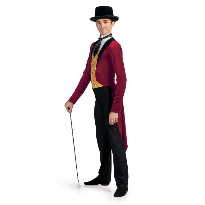 Custom long sleeve pant color guard unitard. Maroon coat and tails with white undershirt, black necktie, and gold sequin vest. Black pants. Front view on model with top hat and baton