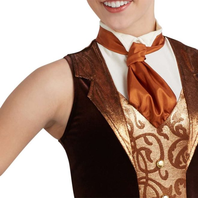 Close up custom sleeveless pant color guard unitard. Dark gold neck with white undershirt and copper necktie. Pattern gold lapels and vest and dark brown body. Front view on model