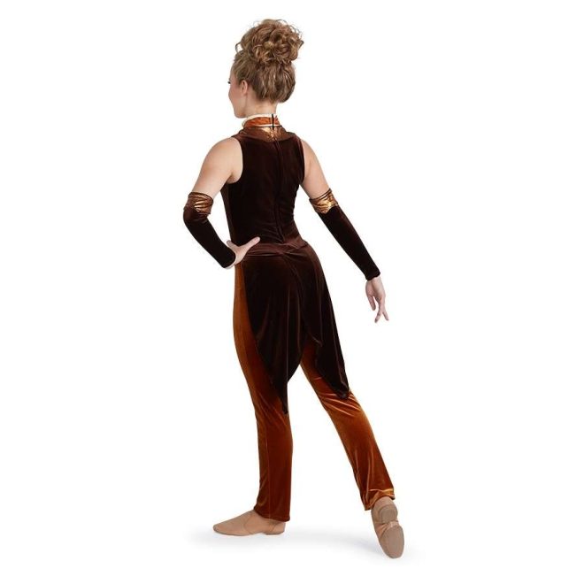 Custom sleeveless pant color guard unitard. Dark gold neck and dark brown body and pants down to back of knee where it changes to light brown. Dark brown with dark gold trim gauntlets. Back view on model