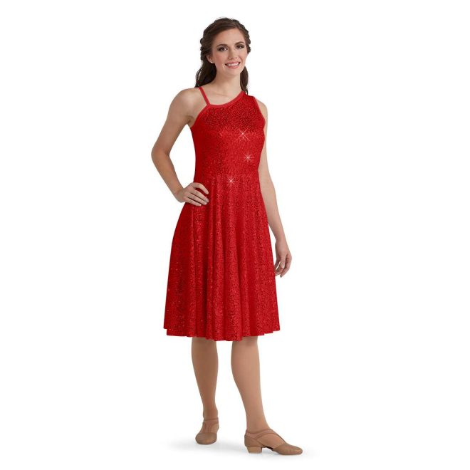 custom asymmetric neckline Camisole Strap on Right Side, Attached Boy Shorts red micro sequin below the knee color guard dress front view on model