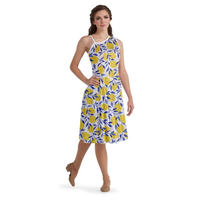 custom asymmetric neckline Camisole Strap on Right Side, Attached Boy Shorts digitally printed yellow lemons, blue leaves and white background below the knee color guard dress front view on model