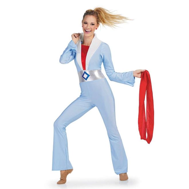 custom blue long sleeve pant color guard unitard with white collar and silver belt with red undershirt front view on model holding red scarf. Elvis look