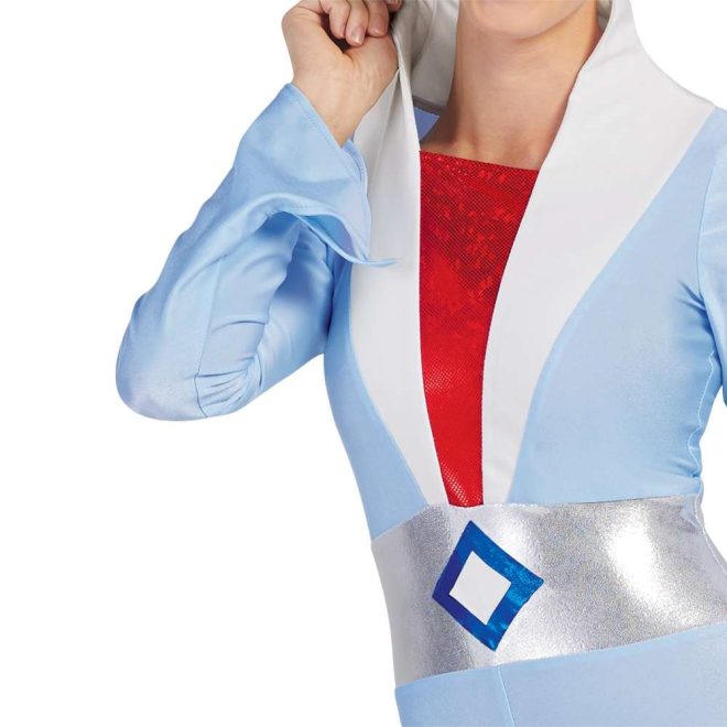 custom blue long sleeve pant color guard unitard with white collar and silver belt with red undershirt front view on model