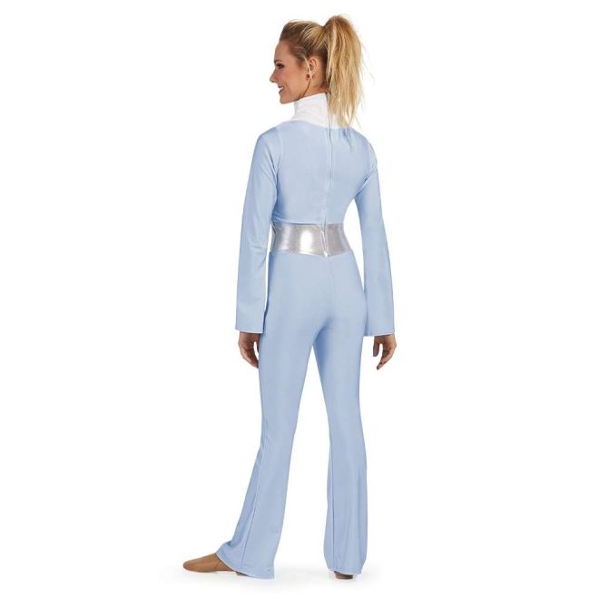 custom blue long sleeve pant color guard unitard with white collar and silver belt back view on model