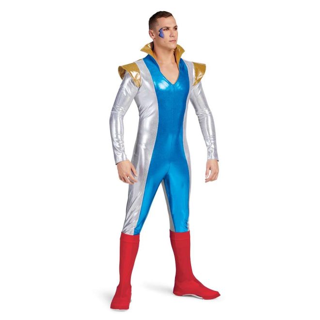 custom silver long sleeve pant color guard unitard with gold shoulder wing and collar, blue body and red shoe covers front view on model