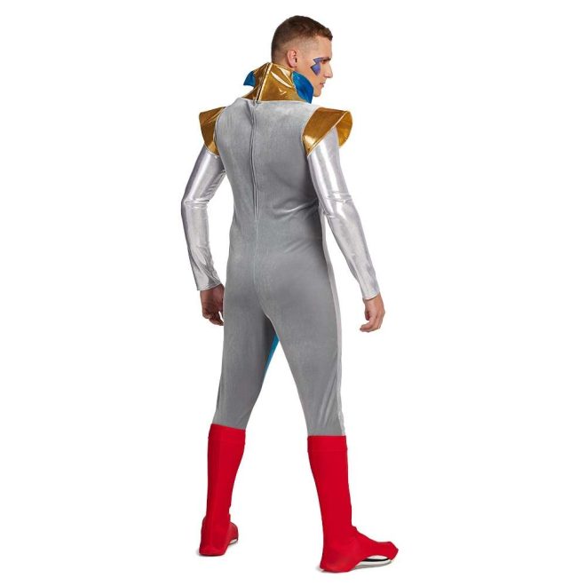 custom silver long sleeve pant color guard unitard with gold shoulder wing and collar and red shoe cover back view on model