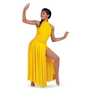 custom floor length sleeveless goldenrod color guard dress with high slit front view on model