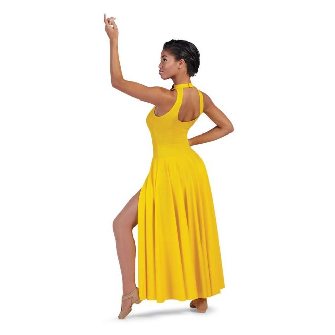 custom floor length sleeveless goldenrod color guard dress with keyhole back and high slit back view on model