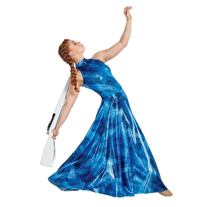 custom floor length sleeveless digitally printed blue streak color guard dress front view on model holding rifle