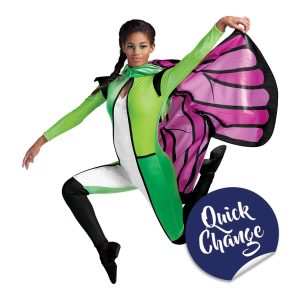 Custom long sleeve legging color guard unitard. Green unitard with black winged shoulders and black from the knee down. Two shades of green, keyhole cutout with white strip below down to pants separated from green with black stripes. Front view on model holding out pink and black butterfly wing cape