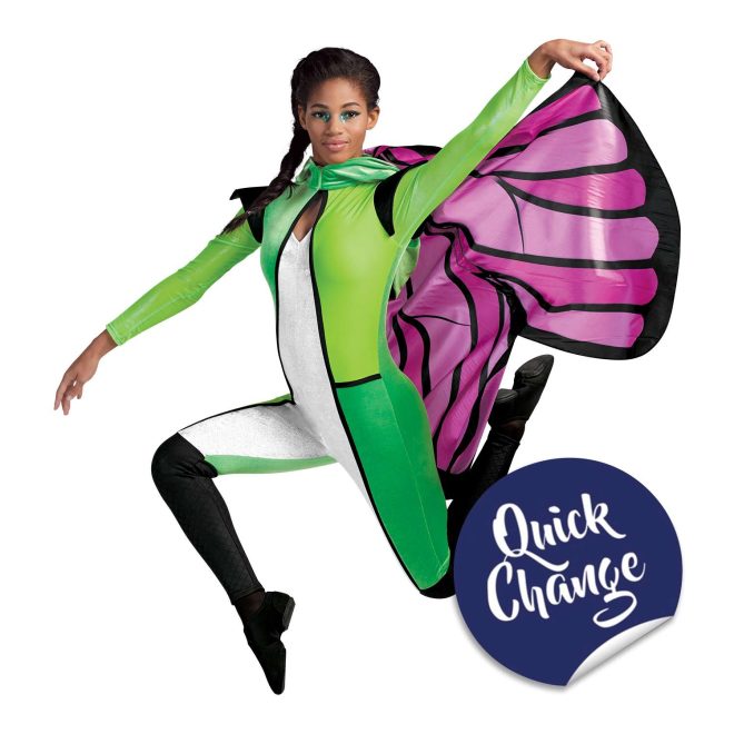 Custom long sleeve legging color guard unitard. Green unitard with black winged shoulders and black from the knee down. Two shades of green, keyhole cutout with white strip below down to pants separated from green with black stripes. Front view on model holding out pink and black butterfly wing cape