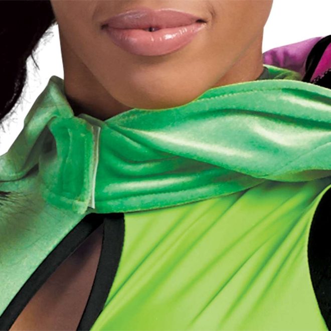 Custom long sleeve legging color guard unitard. Green unitard with black winged shoulders and black from the knee down. Two shades of green, keyhole cutout with white strip below down to pants separated from green with black stripes. Front view on model with green hood over head. Close up of cutout and hood velcro around neck